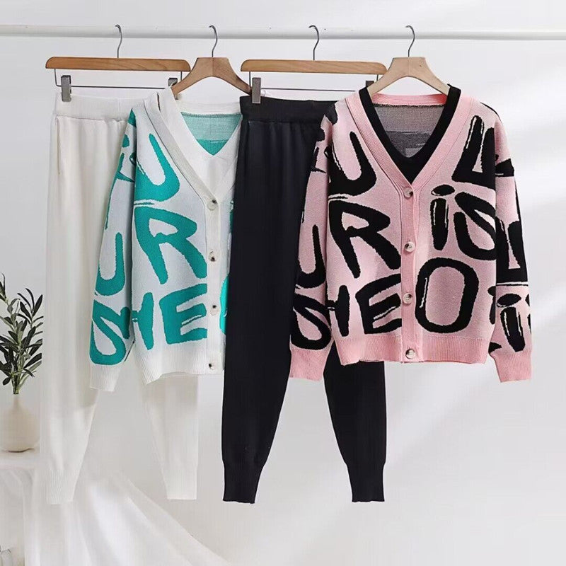 Damen gemütliches Strick-Loungewear-Set mit Dekorativem Schriftzug Drune