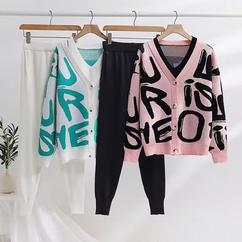 Damen gemütliches Strick-Loungewear-Set mit Dekorativem Schriftzug Drune