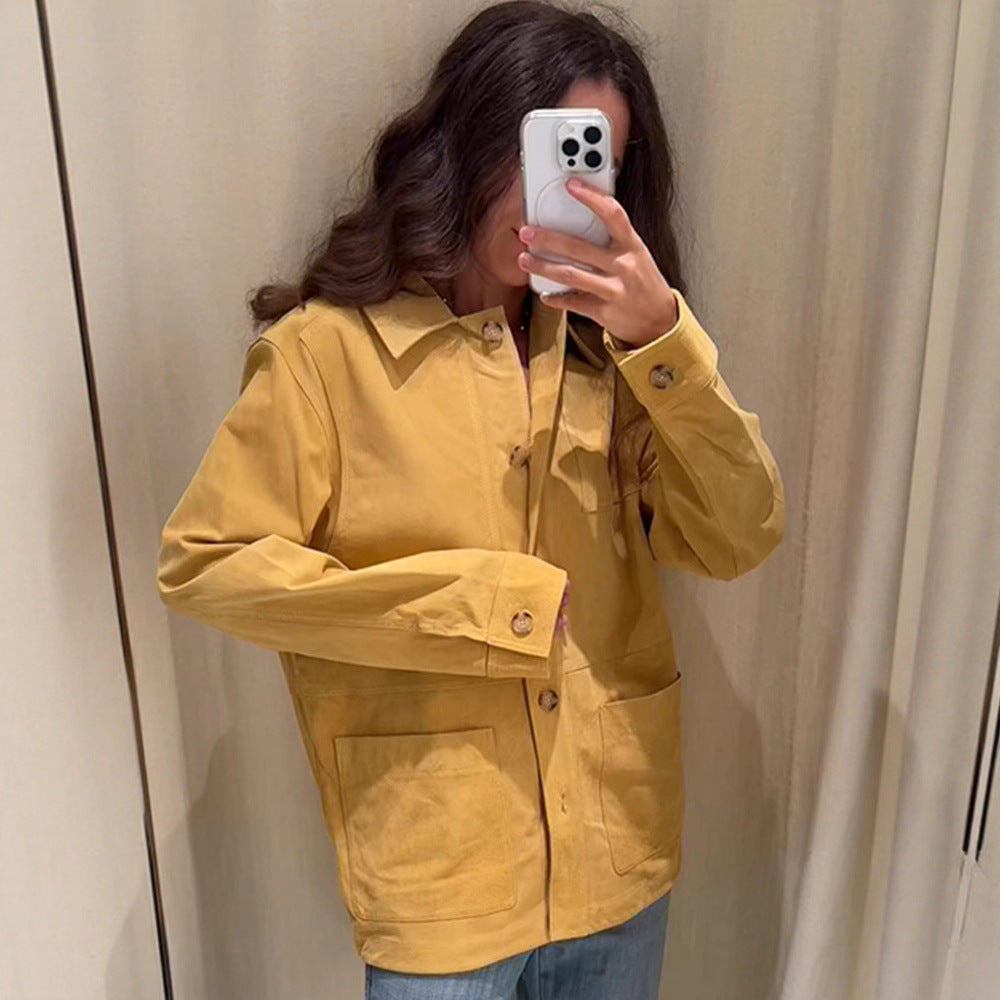 Damen Oversize Baumwoll-Worker-Jacke mit aufgesetzten Taschen Drune
