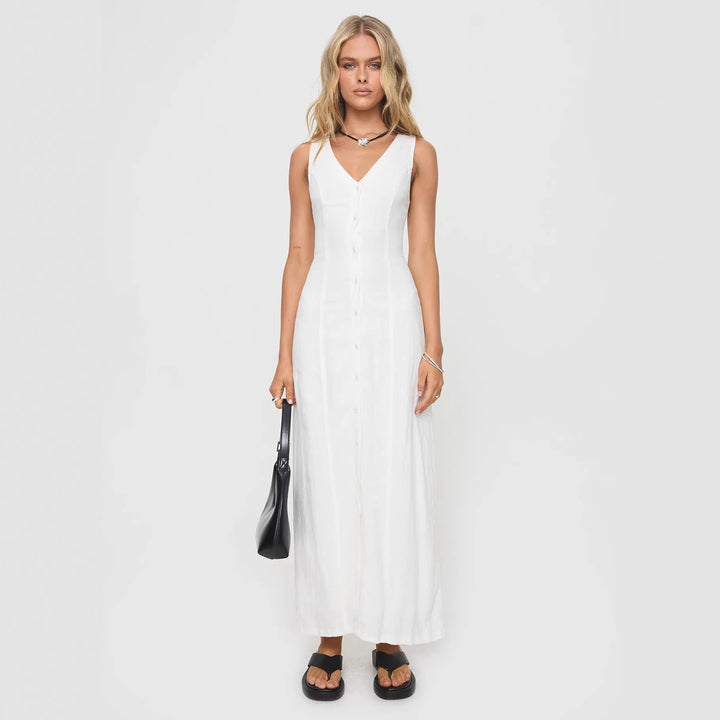 Damen Maxikleid mit knöpfbarem Ausschnitt und figurbetontem Schnitt Drune