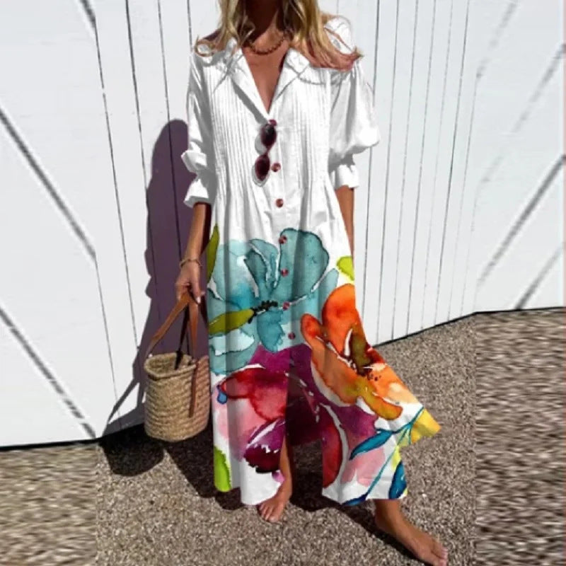 Frauen Fließendes Maxikleid mit Durchgehendem Knopfverschluss V-Ausschnitt und Volksdruck Drune