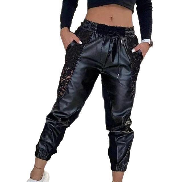 Damen Leder-Look Jogginghose mit Spitzen-Einsätzen Drune