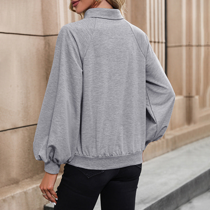 Damen Polokragen-Sweatshirt mit Knopfleiste, Raglanärmeln und Kängurutasche Drune