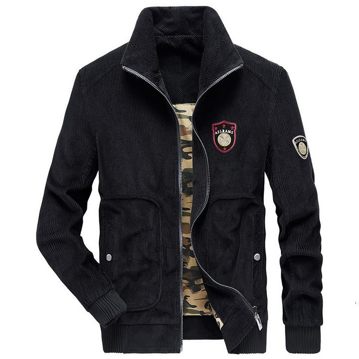 Herren Kordjacke mit Reißverschluss, Stehkragen und Camouflage-Futter Drune