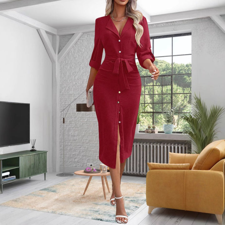Damen Tailliertes Hemdblusenkleid aus Crinkle-Jersey mit Bindegürtel und Frontschlitz Drune