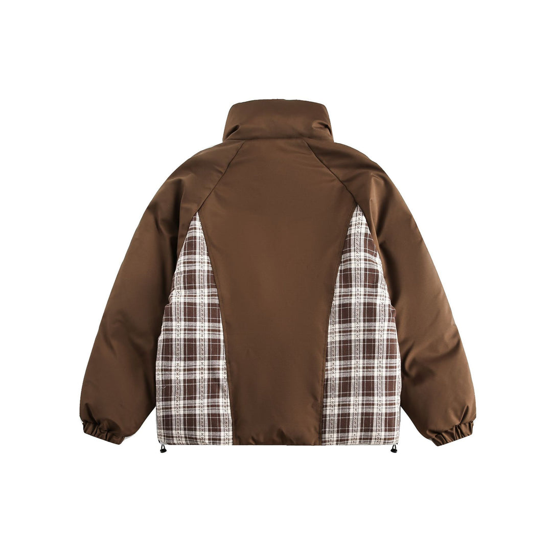Unisex Oversize Stehkragen‑Pufferjacke mit karierter Einsatz‑Panel und Utility‑Taschen Drune