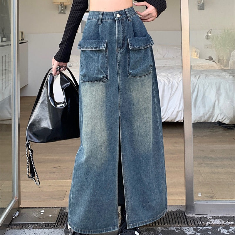 Damen Langer Denimrock mit praktischen aufgesetzten Taschen Drune