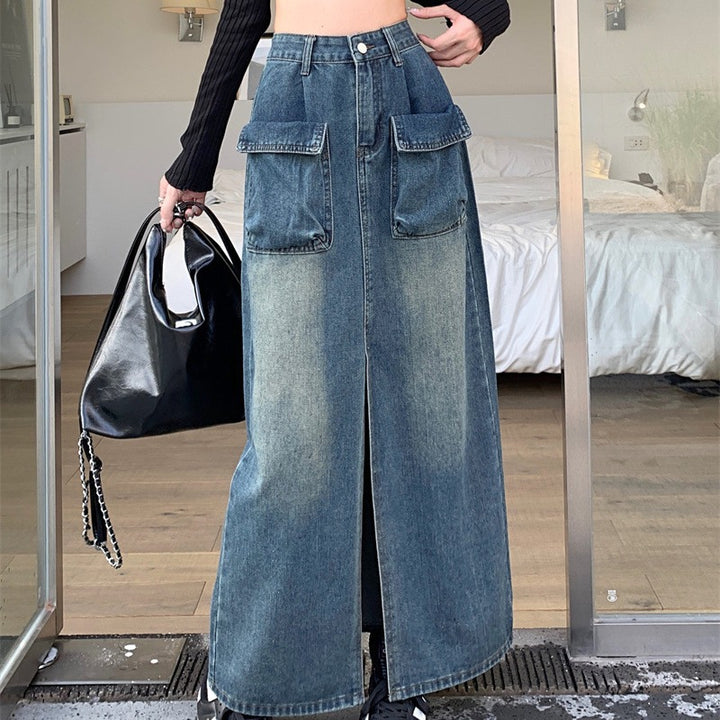 Damen Langer Denimrock mit praktischen aufgesetzten Taschen Drune