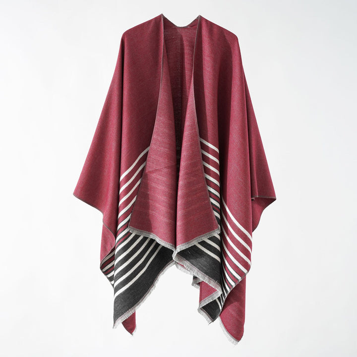 Damen Oversize-Ruana‑Überwurf aus Kaschmir‑Touch Wollmix mit Fransensaum und Streifendetail Drune