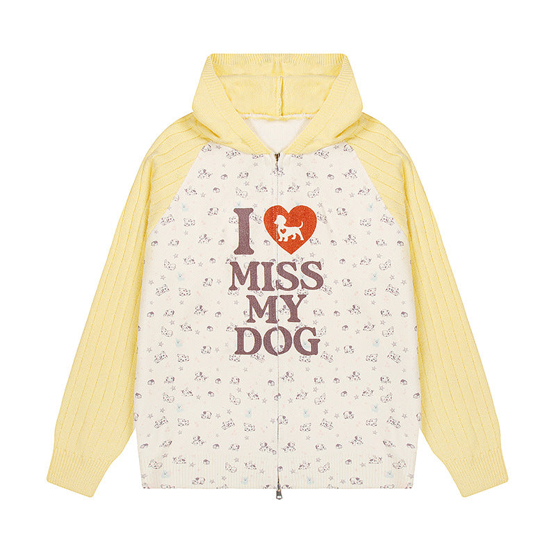 Damen Kapuzen‑Strickjacke mit durchgehendem Reißverschluss, gerippten Ärmeln und Hunde‑Statement‑Print Drune