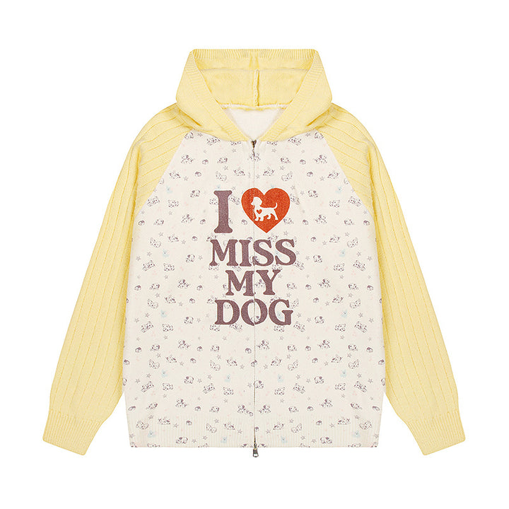 Damen Kapuzen‑Strickjacke mit durchgehendem Reißverschluss, gerippten Ärmeln und Hunde‑Statement‑Print Drune