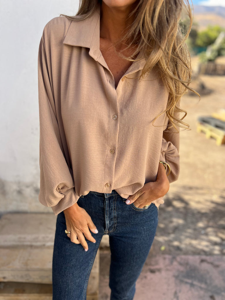 Damen Locker geschnittene Viskose-Hemdbluse mit Oversize-Schnitt und Ballonärmeln Drune