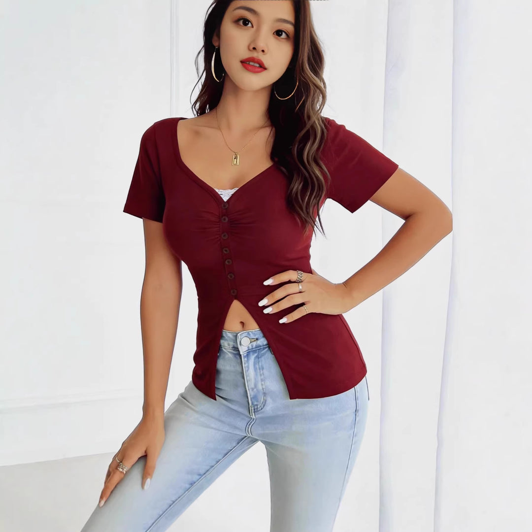 Damen figurbetontes Kurzarmshirt mit Knopfleiste Drune