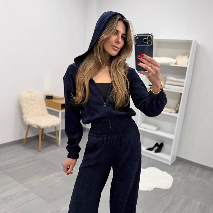 Damen weiches Cordvelours-Zweiteiler mit kurzer Kapuzenzipjacke und weiter Komforthose Drune