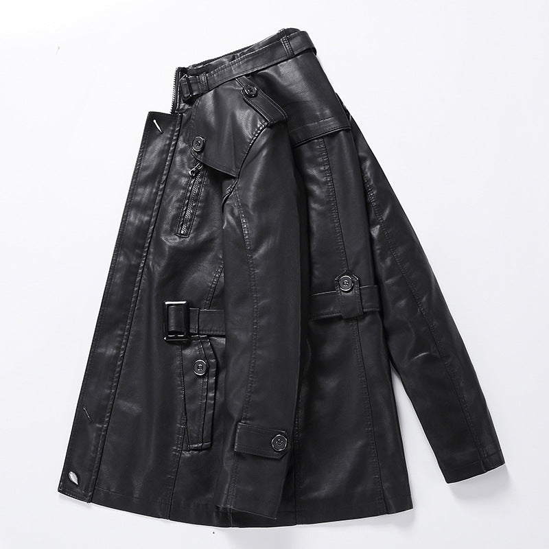 Herren Taillierter Leder-Trench mit Gürtel und Ziernähten Drune