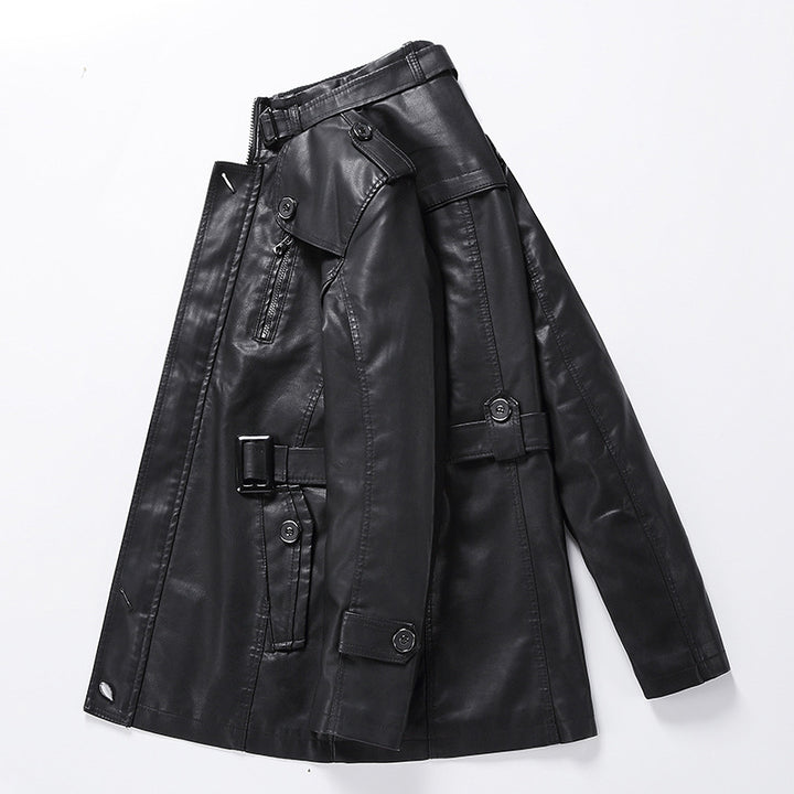Herren Taillierter Leder-Trench mit Gürtel und Ziernähten Drune