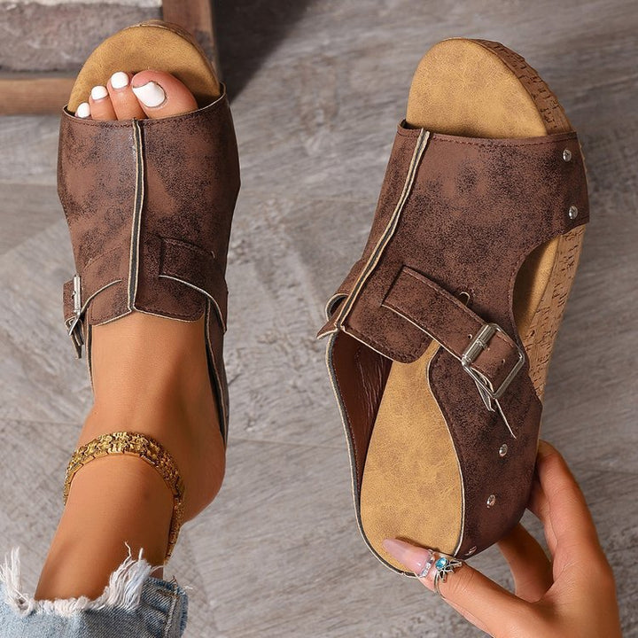 Damen modische Clogs mit verstellbarer Schnalle und korkähnlicher Sohle Drune