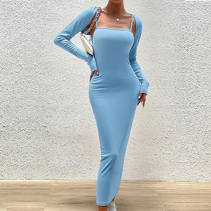 Damen schlankes Maxikleid mit Spaghettiträgern und abnehmbaren Bolero-Ärmeln Drune