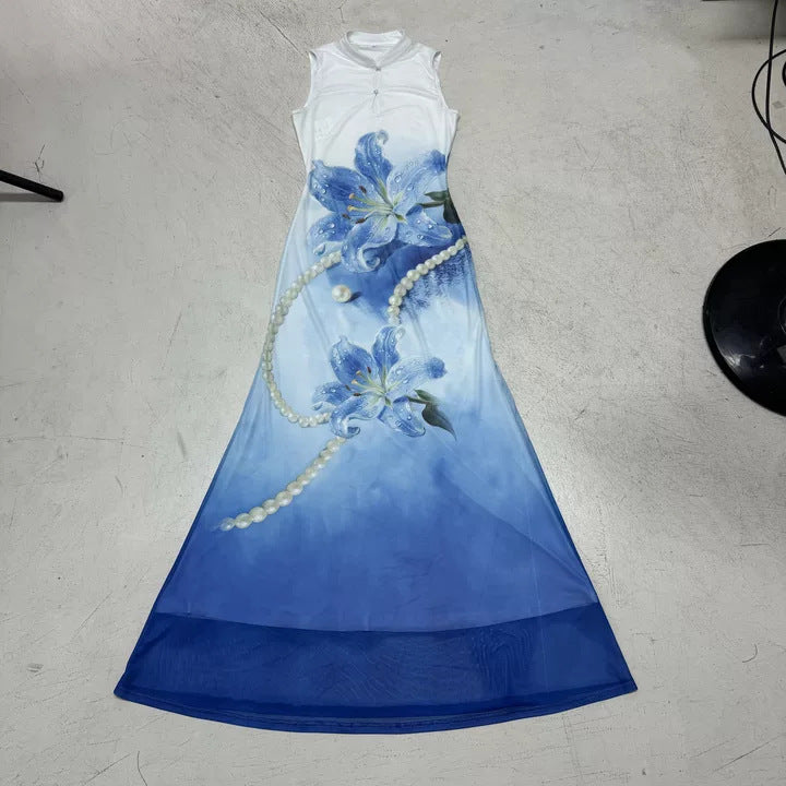 Damen Maxi-Kleid mit floralen Akzenten und elegantem Rundhalsausschnitt Drune