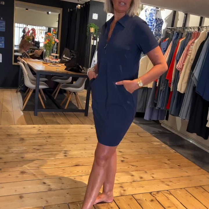 Damen nan legeres Polokleid mit Reißverschlusskragen, kurzen Ärmeln und praktischen Eingrifftaschen Drune