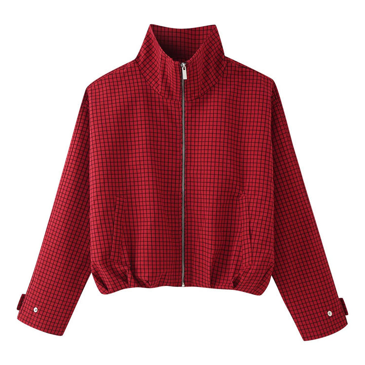 Damen Kurzblouson im Boxy‑Cut mit Stehkragen, Karo‑Print und Reißverschluss Drune