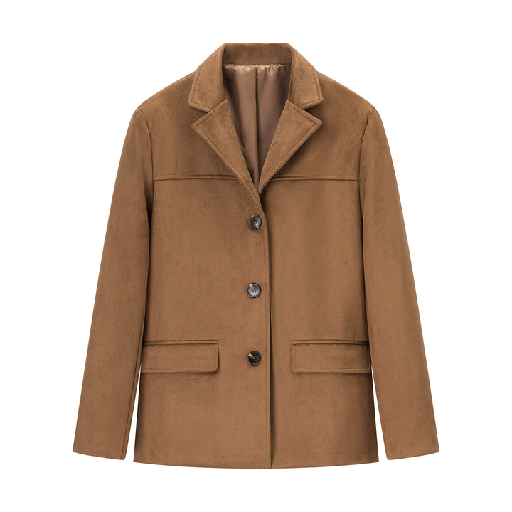 Damen Kurzmantel im Sakko-Stil aus Veloursimitat mit Reverskragen und Pattentaschen Drune