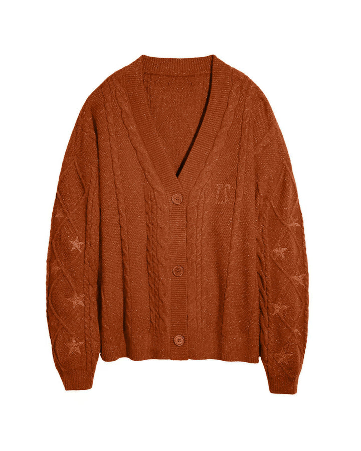 Damen nan großzügiger Grobstrick-Cardigan mit Zopfmuster, V-Ausschnitt und Sternstickereien Drune
