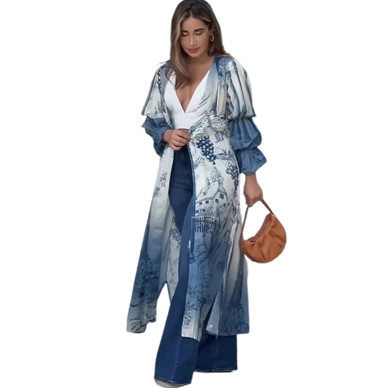 Damen eleganter Longcardigan mit floralen Mustern Drune