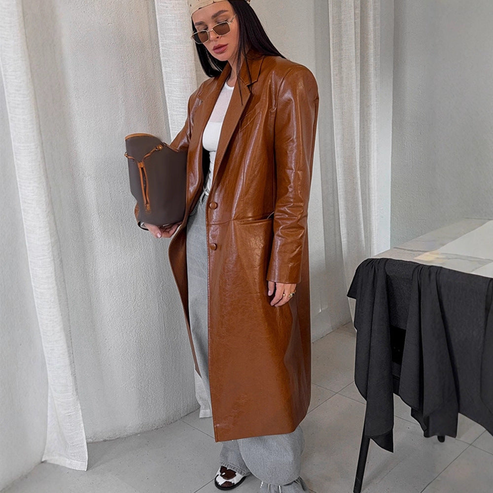 Damen Lang geschnittener Lackleder-Trenchcoat mit Reverskragen und kastiger Oversize-Passform Drune
