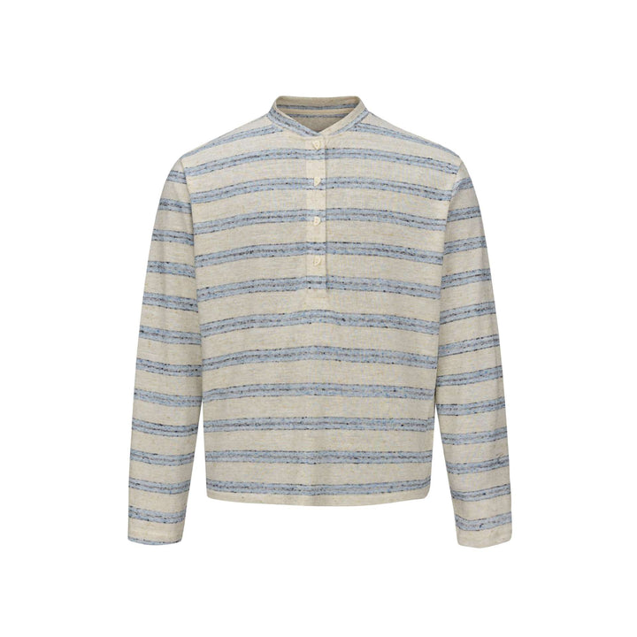 Herren Gestreiftes Feinstrick-Henley mit Stehkragen und durchgehender Knopfleiste Drune