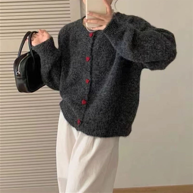 Damen kuschelige Strickjacke mit Herzknöpfen Drune