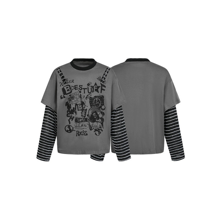 Damen Lagenlook-T-Shirt mit gestreiften Ärmeln und Graffiti-Print Drune