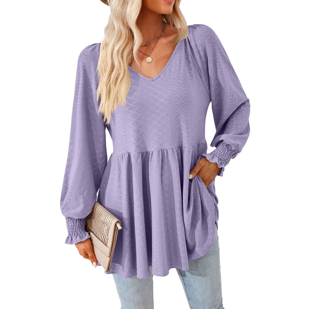 Damen lässiges V-Ausschnitt Blusenshirt mit Rüschen und Taschen Drune