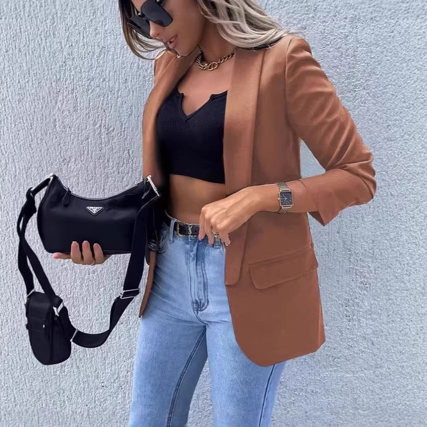 Damen Kariierter Longblazer mit legerer Passform, aufgesetzten Taschen und Dreiviertelärmeln Drune