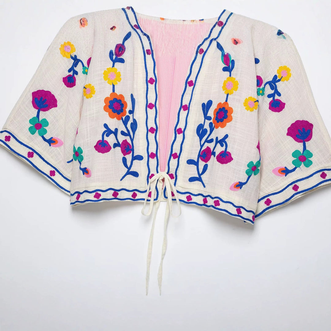Damen Bestickter Kimono-Blouson mit Tunnelzug und floraler Stickerei Drune
