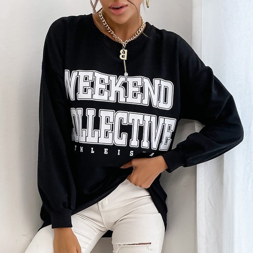 Damen Oversize Sweatshirt mit College-Print und Rundhalsausschnitt Drune