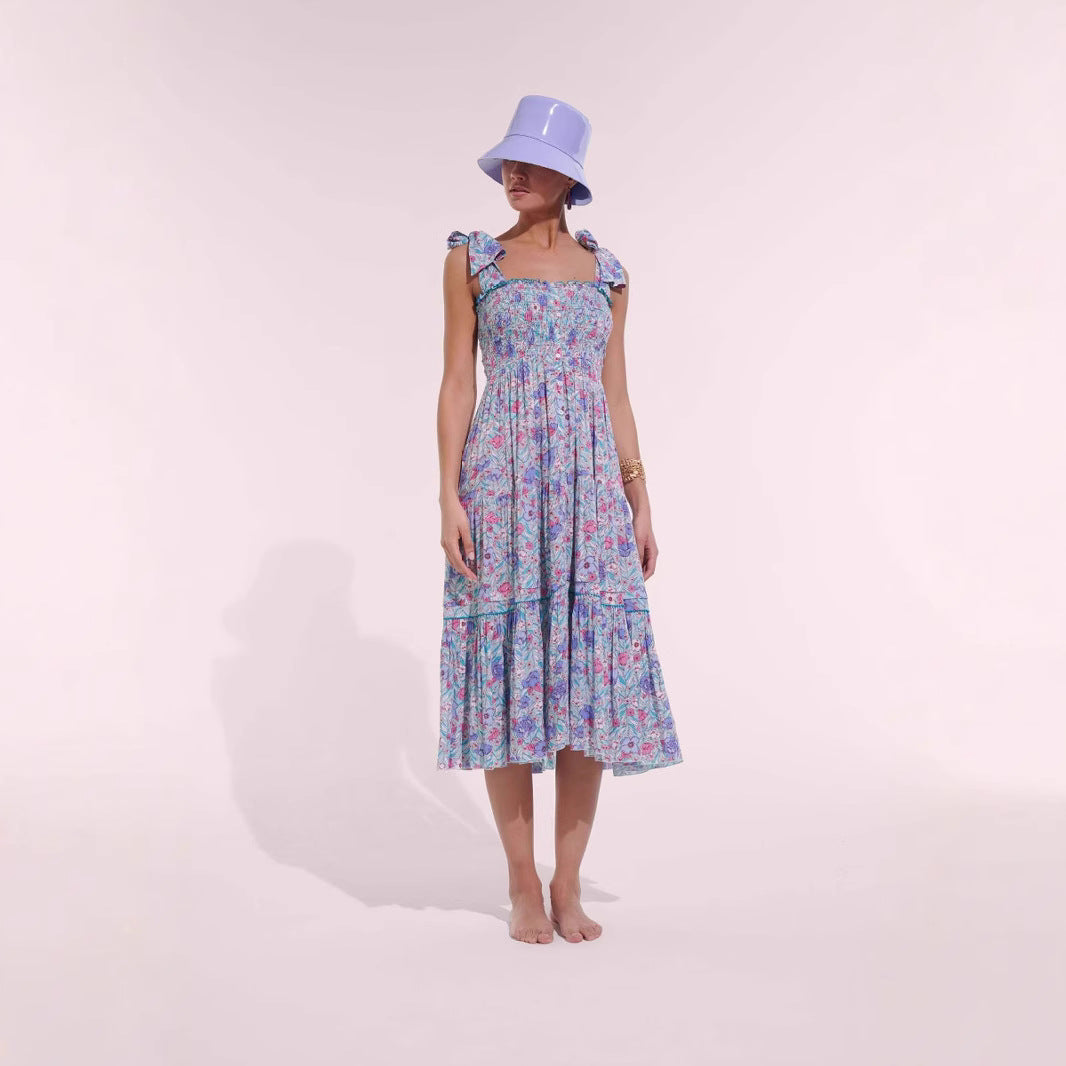 Damen Maxikleid mit floralem Rüschendesign und elastischem Oberteil Drune