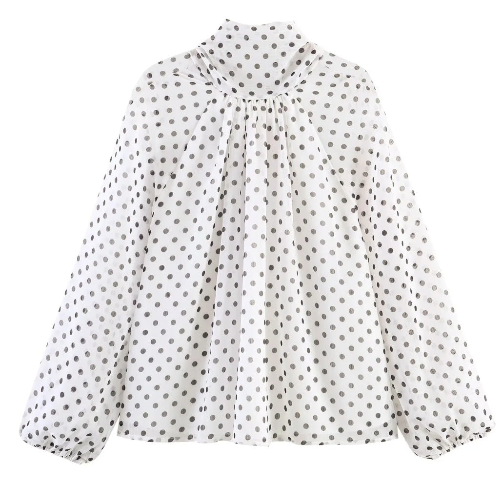 Damen 100+ Chiffonbluse mit Schleifenkragen, Puffärmeln und Tupfenprint Drune
