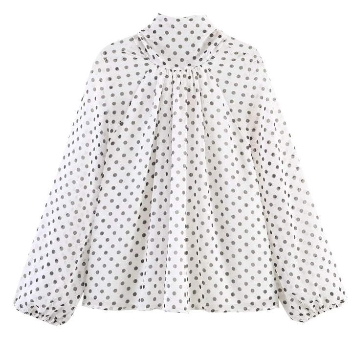 Damen 100+ Chiffonbluse mit Schleifenkragen, Puffärmeln und Tupfenprint Drune