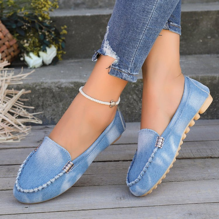 Damen nan lässige Denim-Mokassin-Slipper mit elastischem Einstieg und rutschfester Gummisohle Drune