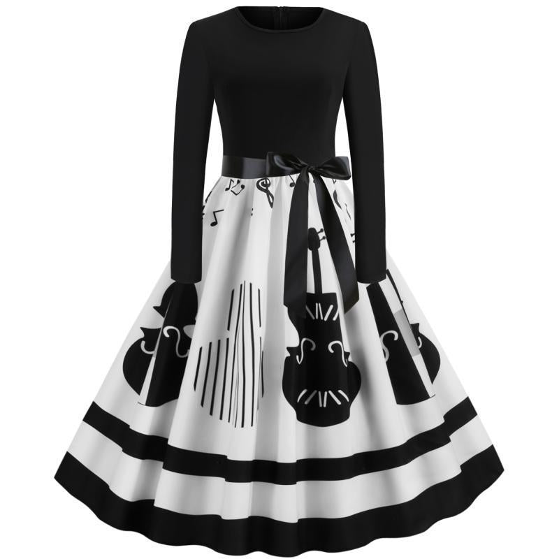 Damen Swing-Kleid im Retro-Stil mit instrumentalem Print, tailliertem Oberteil und voluminösem Tellerrock Drune