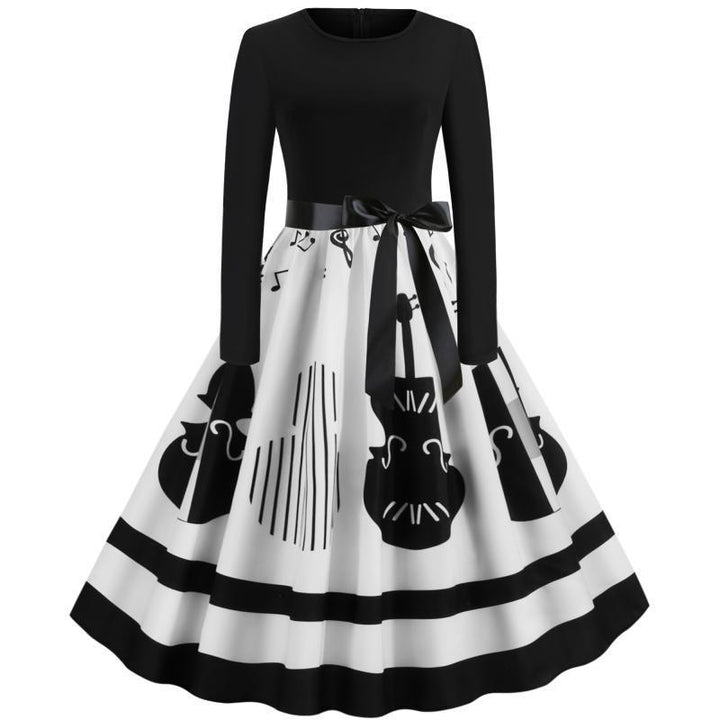 Damen Swing-Kleid im Retro-Stil mit instrumentalem Print, tailliertem Oberteil und voluminösem Tellerrock Drune