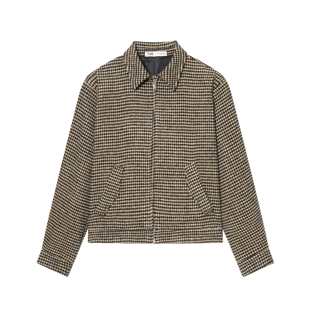 Damen Boxy-Kurzjacke aus Wollmix mit Hahnentrittmuster, Reißverschluss und Hemdkragen Drune