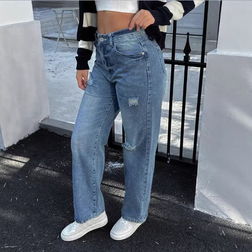 Damen hochtaillierte Relaxed‑Straight Denim‑Jeans mit weitem Bein und dezenten Destroy‑Details Drune