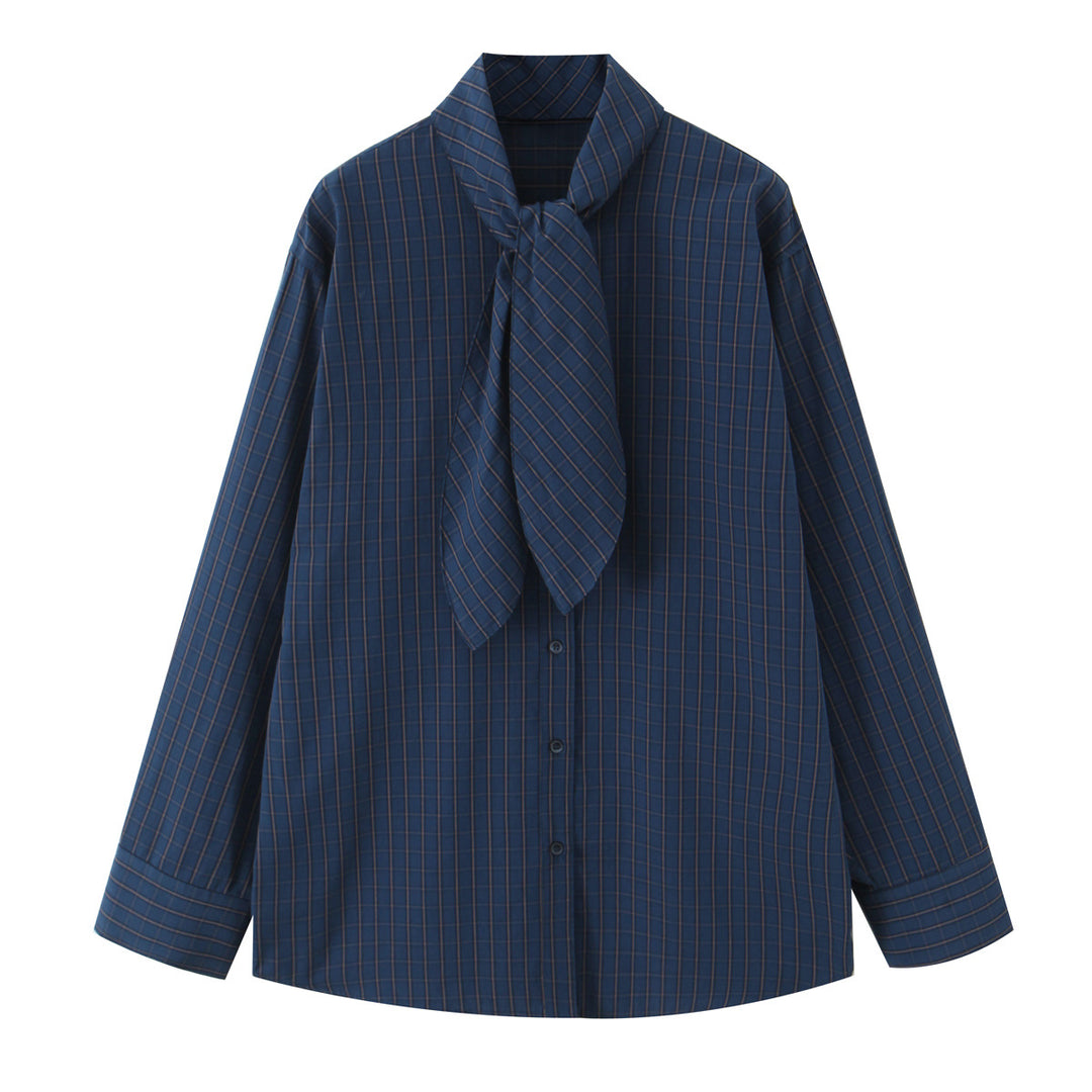Damen 30+ karierte Hemdbluse mit Schleifenkragen und Oversize‑Passform Drune
