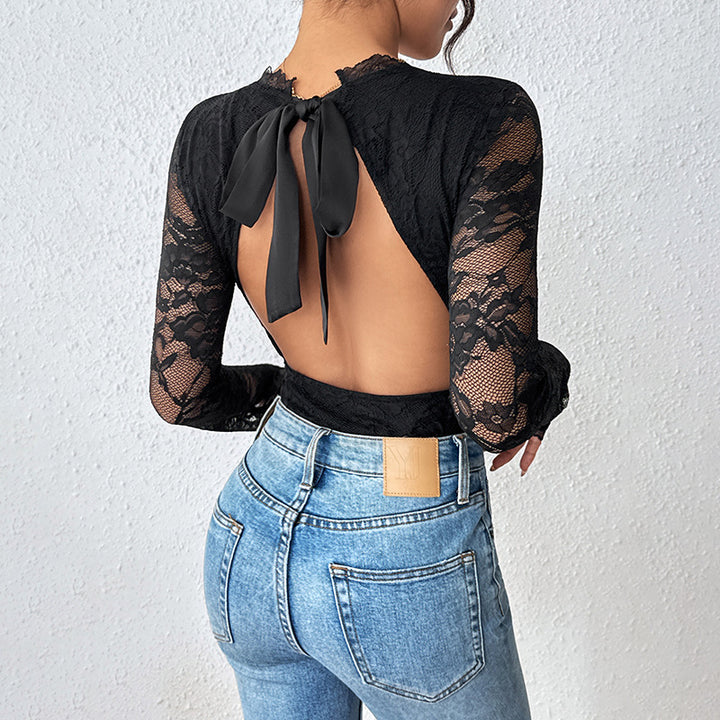 Damen Eleganter Spitzen-Body mit Korsett-Teilung und langen Transparentärmeln Drune
