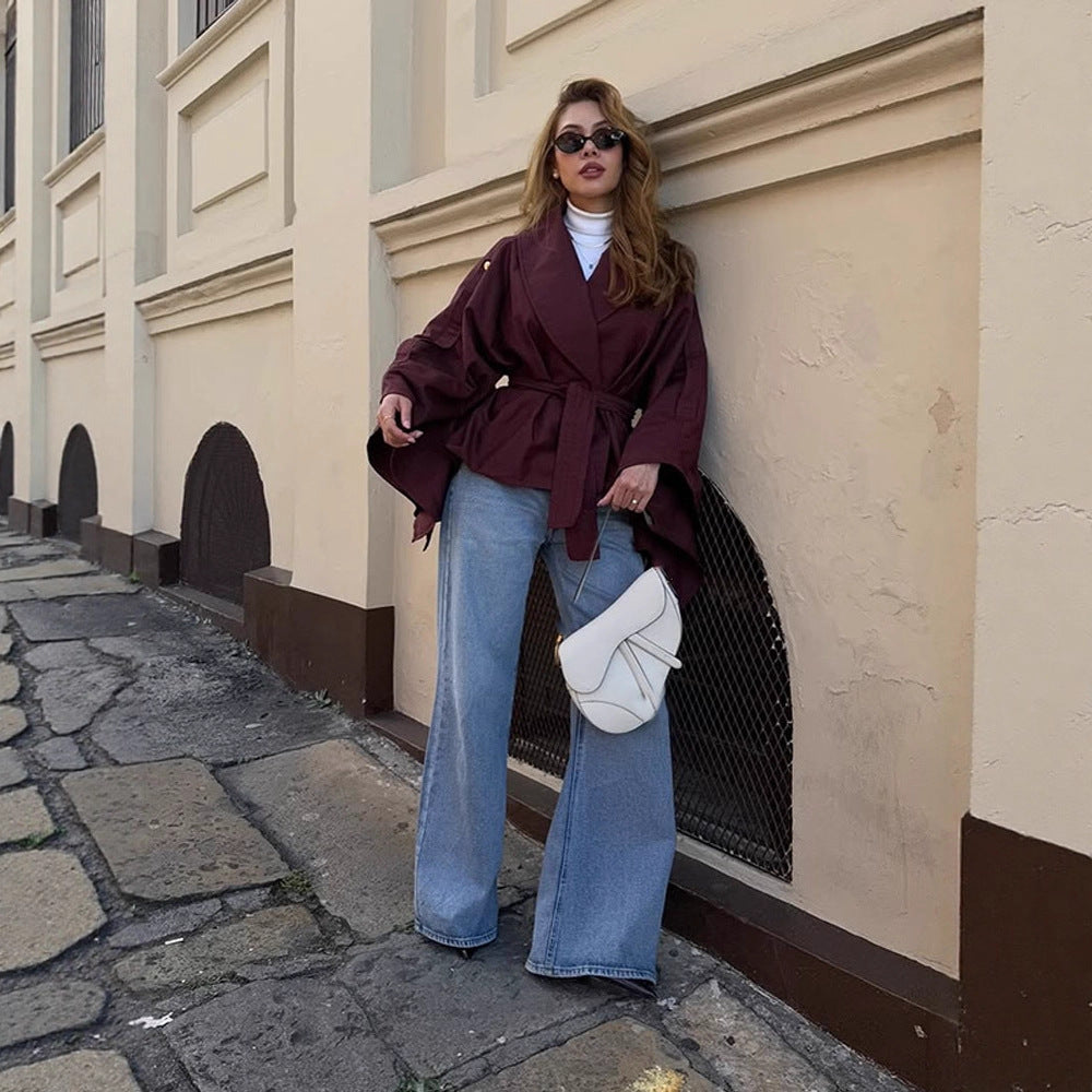 Damen Kurzjacke im Trenchstil mit Taillengürtel, Oversize-Ärmeln und kastiger Cropped-Silhouette Drune