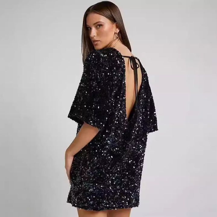 Damen Funkelndes Pailletten-Kleid mit lockeren Ärmeln und Rundhalsausschnitt Drune