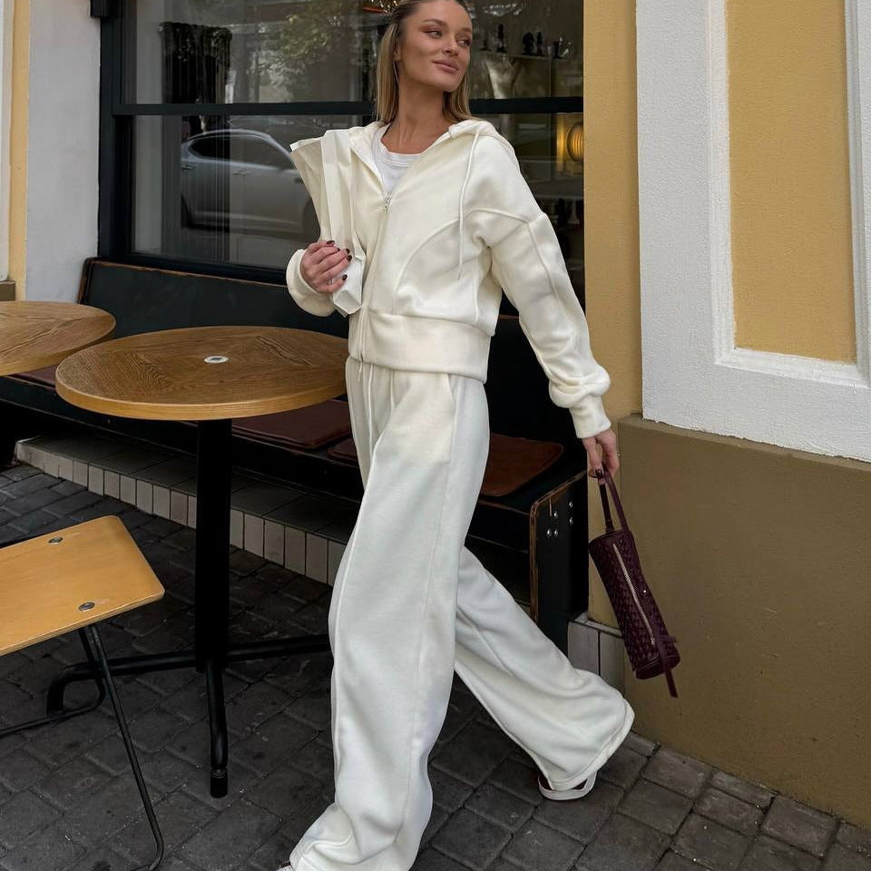 Damen Fleece-Lounge-Set mit kurzem Reißverschluss-Hoodie und taillenhoher Kordel-Jogginghose Drune