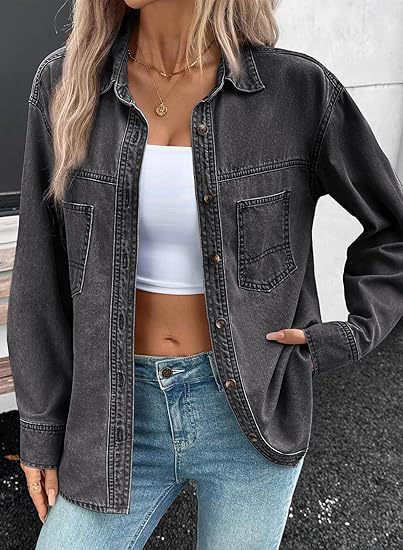 Damen Oversized Jeans-Hemdjacke aus Denim mit Brusttaschen Drune